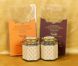 Cream colour Indian wedding box invite with designer inserts & sweet jars