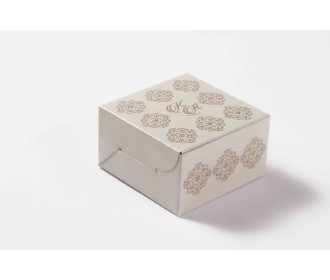 Cream Rectangular party favour box with printed initials and golden design