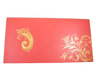 Crimson and golden card with a floral design and ganesha symbol