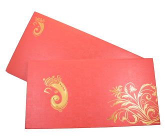 Crimson and golden card with a floral design and ganesha symbol