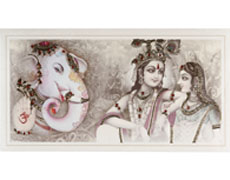 Decorated Radha Krishna Wedding Card in Cornsilk & Golden Colour