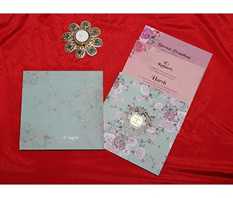 Designer floral wedding invitation card in teal colour