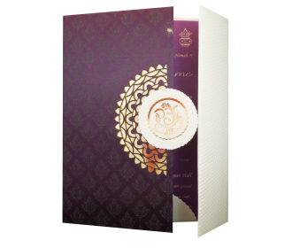 Designer gatefold style invite in ivory and purple with cut out Ganesha symbol