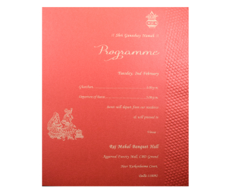 Designer gatefold style invite in red and fawn with cutout Ganesha symbol