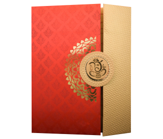 Designer gatefold style invite in red and fawn with cutout Ganesha symbol