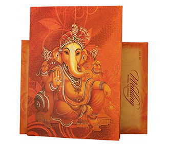 Designer Hindu Wedding Invitation in Orange with Ganesha Image
