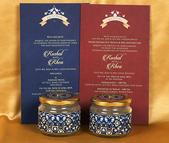 Designer Indian box invitation in Ivory and blue with sweet jars