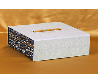 Designer Indian box invitation in Ivory and blue with sweet jars