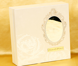 Designer Indian box invite in cream with rose and mirror shaped inserts