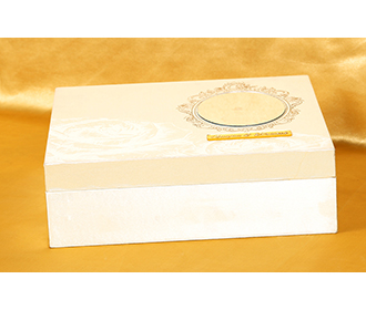 Designer Indian box invite in cream with rose and mirror shaped inserts