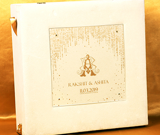 Designer Indian boxed invitation in Ivory and Golden