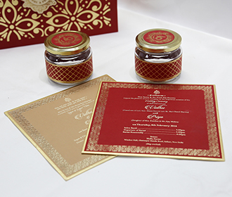 Designer Indian wedding box invite in maroon & golden colour