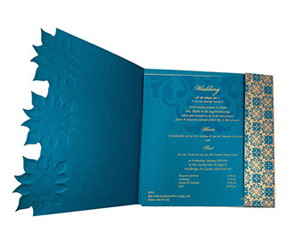 Designer Indian Wedding Card in Blue with Flower Pattern