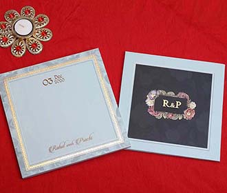 Designer Indian Wedding Card in Light Blue and Dark Green