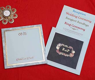 Designer Indian Wedding Card in Light Blue and Dark Green