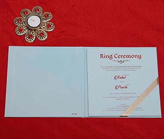 Designer Indian Wedding Card in Light Blue and Dark Green