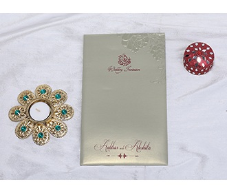 Designer Indian wedding card in olive green with rose flowers