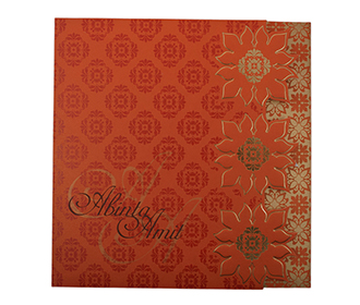 Designer Indian Wedding Card in Orange with Flower Pattern
