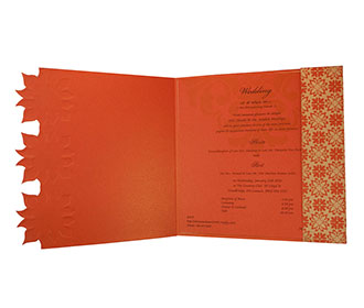 Designer Indian Wedding Card in Orange with Flower Pattern