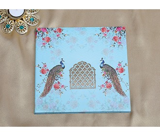 Designer Indian wedding card in peacock theme
