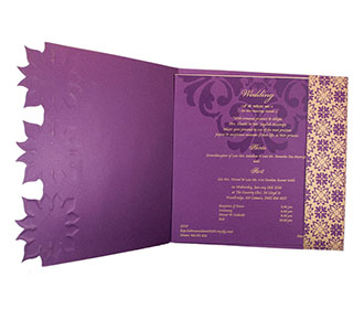 Designer Indian Wedding Card in Purple with Flower Pattern