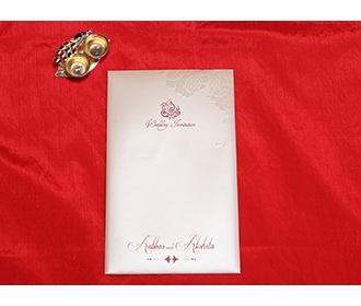 Designer Indian wedding invitation in cream with rose flowers