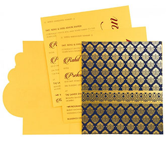 Designer Indian wedding invitation in yellow and royal blue