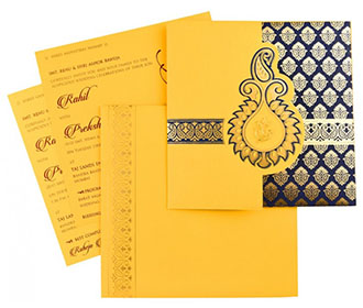 Designer Indian wedding invitation in yellow and royal blue