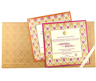 Designer Indian wedding invitation with orange and pink motifs
