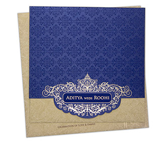 Designer Indian wedding invite in roya blue with motifs in self