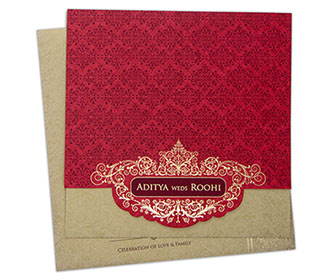 Designer Indian wedding invite in royal red with motifs in self