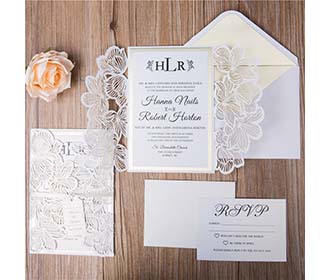Designer Ivory Laser Cut Wedding Invitation with name tag & RSVP set