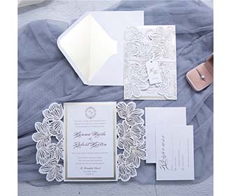 Designer Ivory Laser Cut Wedding Invitation with name tag