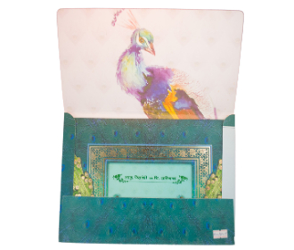 Designer multicolour invite with traditional and peacock design