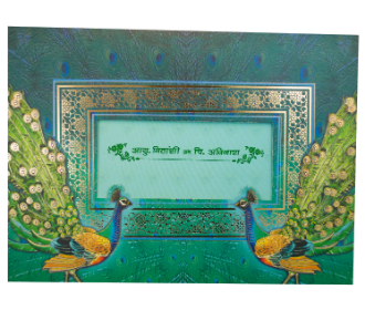 Designer multicolour invite with traditional and peacock design