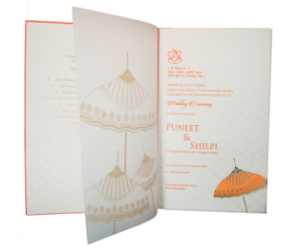 Designer Multicolour umbrella design wedding card in orange