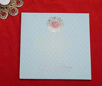 Designer Pastel Blue Indian Wedding Card with Royal Elephants