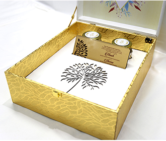 Designer tree of life wedding box card in white and golden