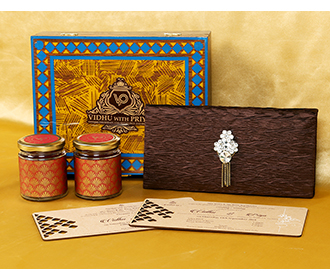 Designer wedding box invite in brown with sweet jars