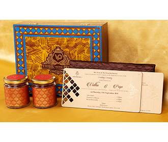 Designer wedding box invite in brown with sweet jars