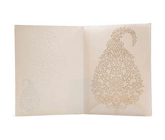 Designer Wedding Card in Embossed Paisley in White & Golden