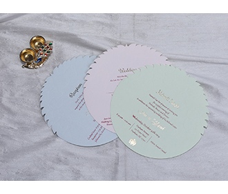 Designer wedding card in lotus petal design and circular inserts