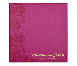 Designer wedding invitation in pink with flowers in red