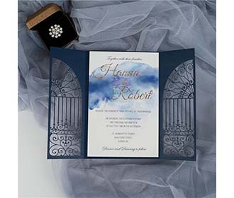 Door to happiness laser cut wedding invite in navy blue colour