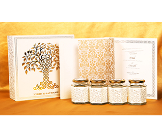 Elegant box invite in cream and golden with tree of life theme
