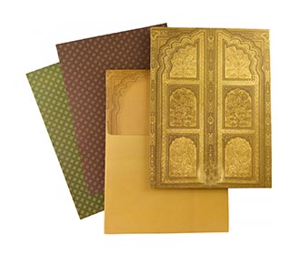 Elegant double door wedding invitation shades of royal green & gold