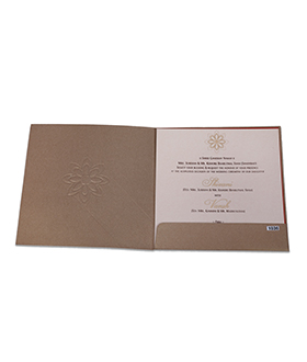Elegant Indian wedding card in golden brown with flower design