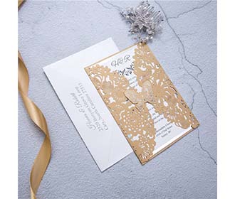 Elegant laser cut wedding card with butterfly available in Ivory and Golden