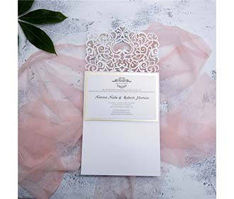 Elegant Pocket Fold Ivory Colour Laser Cut Wedding Invitation Card With Bow