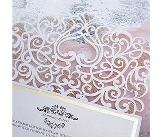 Elegant Pocket Fold Ivory Colour Laser Cut Wedding Invitation Card With Bow
